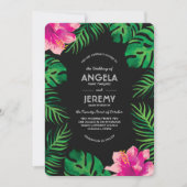 Roze Hibiscus en Tropische Leaves Wedding Kaart (Voorkant)