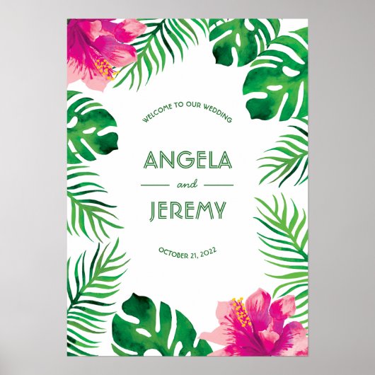 Roze Hibiscus en Tropische Leaves Wedding Poster (Voorkant)