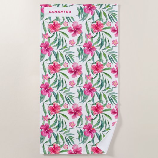 Roze Hibiscus exotisch tropisch bloem patroon Strandlaken (Voorkant)