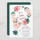 Roze Hibiscus Flamingo Baby shower Uitnodiging (Voorkant / Achterkant)