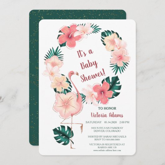 Roze Hibiscus Flamingo Baby shower Uitnodiging (Voorkant / Achterkant)