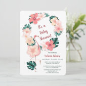 Roze Hibiscus Flamingo Baby shower Uitnodiging (Staand voorkant)
