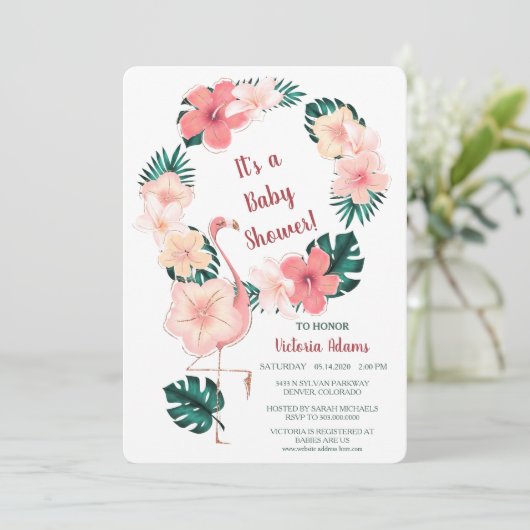 Roze Hibiscus Flamingo Baby shower Uitnodiging (Staand voorkant)