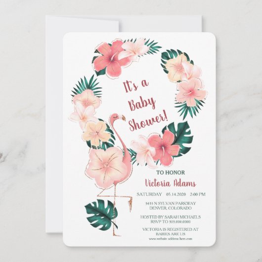 Roze Hibiscus Flamingo Baby shower Uitnodiging (Voorkant)