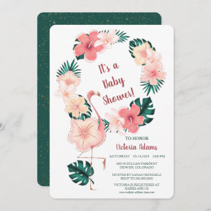 Roze Hibiscus Flamingo Baby shower Uitnodiging