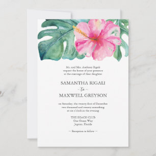 Roze Hibiscus Flow Monstera Leaf Formele bruiloft Kaart