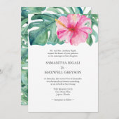 Roze Hibiscus Flow Monstera Leaf Formele bruiloft Kaart (Voorkant / Achterkant)