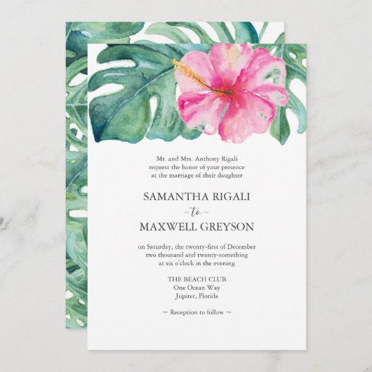 Roze Hibiscus Flow Monstera Leaf Formele bruiloft Kaart (Voorkant / Achterkant)