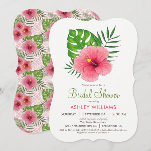 Roze Hibiscus Flower Bridal Shower Invitation Kaart (Voorkant / Achterkant)