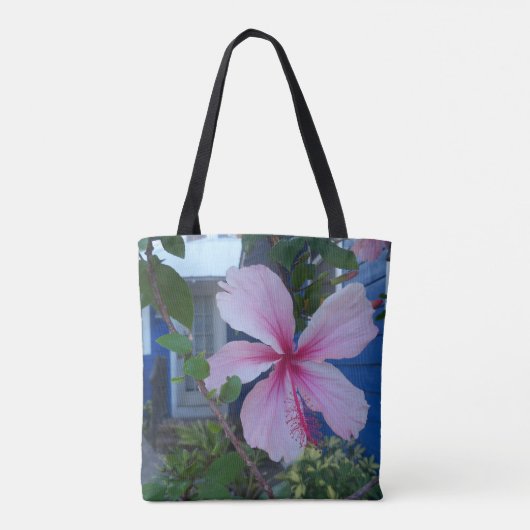 Roze hibiscus flower en blauw strandtapijt tas (Achterkant)
