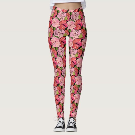 Roze Hibiscus Flower Pattern Leggings (Voorkant)