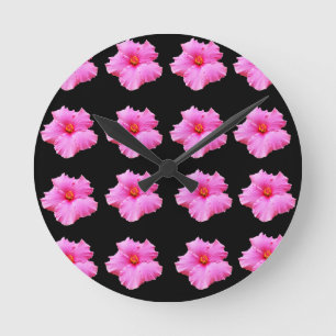 Roze Hibiscus Flowers on Black,_ Ronde Klok