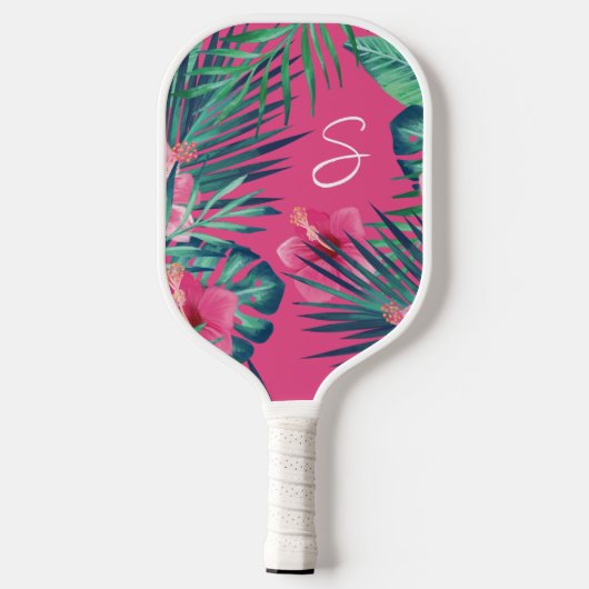 Roze Hibiscus Flowers Tropical Palm Leaf Monogram Pickleball Paddle (Achterkant)
