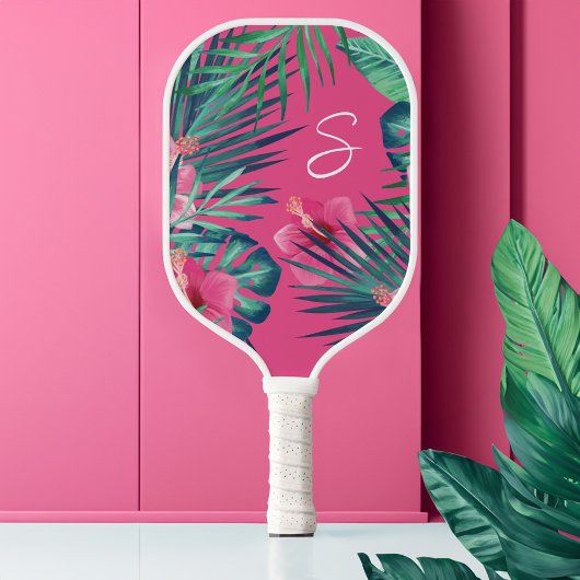 Roze Hibiscus Flowers Tropical Palm Leaf Monogram Pickleball Paddle