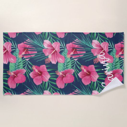 Roze Hibiscus Flowers & Tropische Palm Leaf Oasis Strandlaken (Voorkant)