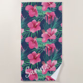 Roze Hibiscus Flowers & Tropische Palm Leaf Oasis Strandlaken (Voorkant)