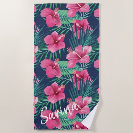 Roze Hibiscus Flowers & Tropische Palm Leaf Oasis Strandlaken (Voorkant)