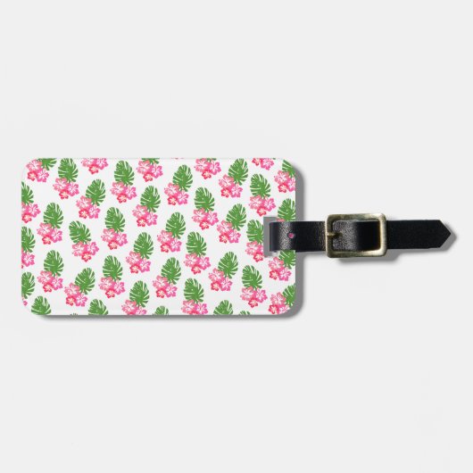Roze hibiscus fluitje met monstera aangepaste naam bagagelabel (Voorkant horizontaal)