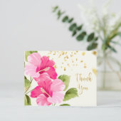 Roze Hibiscus, gouden confetti Dank u Briefkaart (Staand voorkant)
