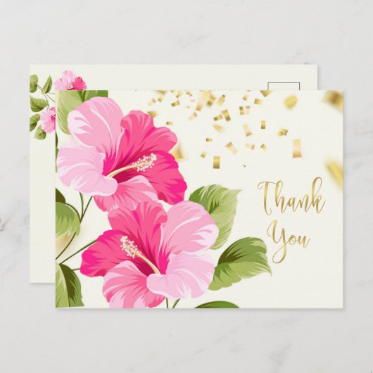 Roze Hibiscus, gouden confetti Dank u Briefkaart (Voorkant / Achterkant)
