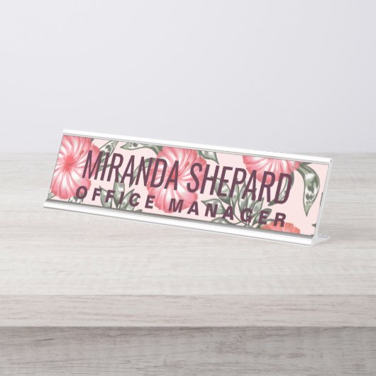 Roze Hibiscus Hawaiian Flower Pattern Bureau Naambordje (Voorkant)
