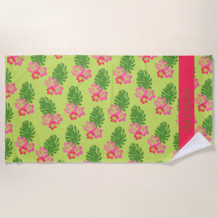Roze Hibiscus Hawaiian fluitpatroon in groen Strandlaken
