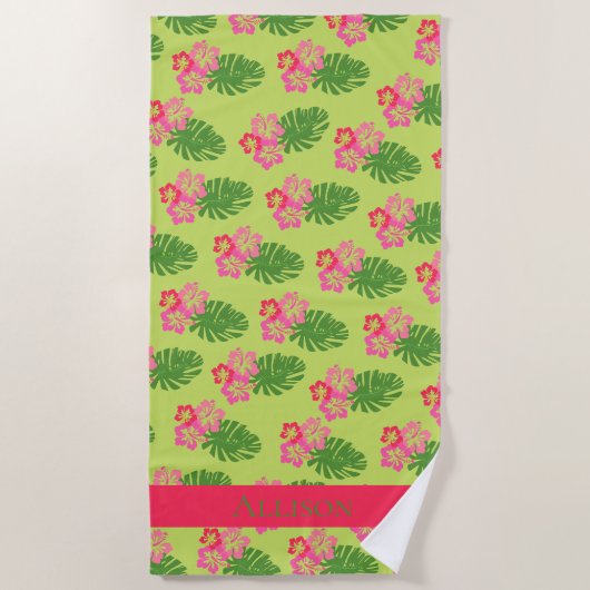 Roze Hibiscus Hawaiian fluitpatroon in groen Strandlaken (Voorkant)