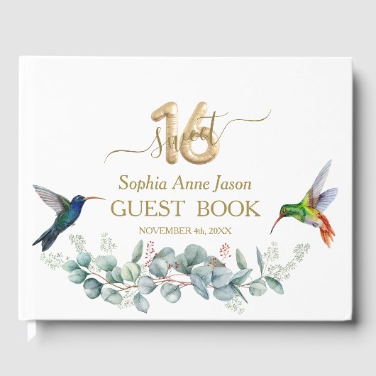 Roze Hibiscus Humming vogels Goud Zoet 16 Verjaard Gastenboek (Voorkant)