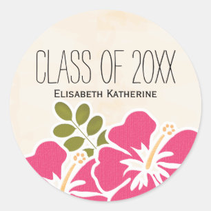 Roze Hibiscus-klasse Hawaiian Graduation Party Ronde Sticker