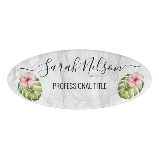 Roze Hibiscus Marble Naambadge (Voorkant)