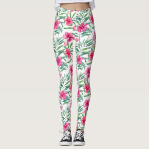 Roze hibiscus met bladeren tropisch patroon leggings