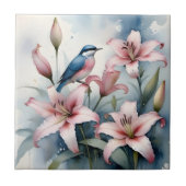 Roze hibiscus met vogelschilderij waterverf Tegeltje (Voorkant)