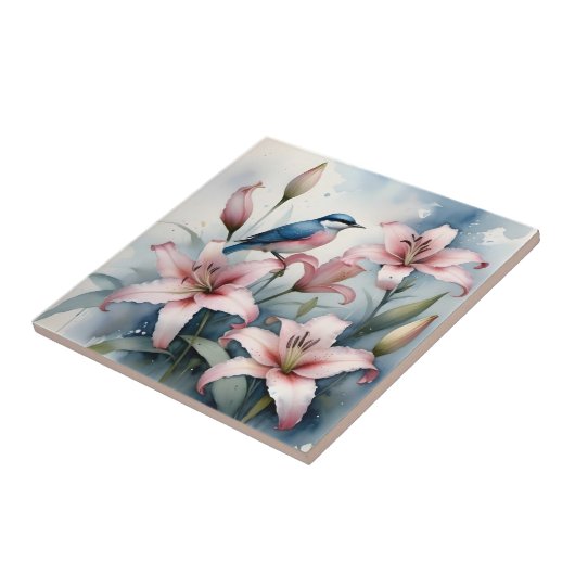 Roze hibiscus met vogelschilderij waterverf Tegeltje (Zijkant)