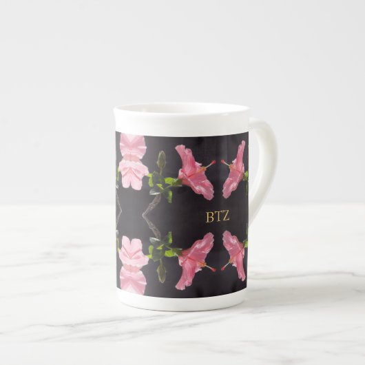 Roze Hibiscus op Black Porselein Kop (Voorkant rechts)
