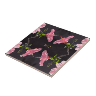 Roze Hibiscus op Black Tegeltje
