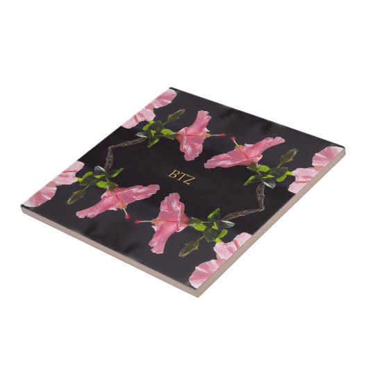 Roze Hibiscus op Black Tegeltje (Zijkant)