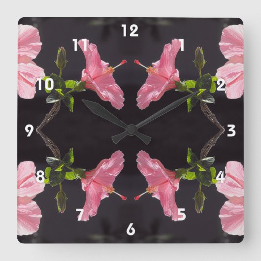 Roze Hibiscus op Black Vierkante Klok (Voorkant)