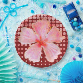 Roze hibiscus op rode achtergrond papieren bordje (Feest)