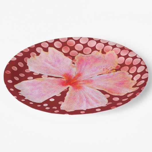 Roze hibiscus op rode achtergrond papieren bordje (Gekanteld)