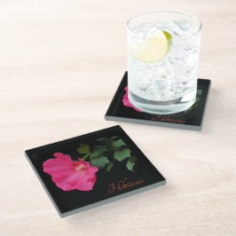 roze hibiscus op zwart glazen onderzetter