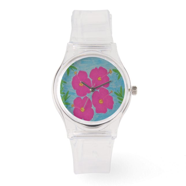 Roze Hibiscus polshorloge Horloge (Voorkant)