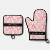 Roze Hibiscus, Roze Bloemen, Jouw naam Ovenwant & Pannenlap Set (Voorkant)
