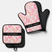 Roze Hibiscus, Roze Bloemen, Jouw naam Ovenwant & Pannenlap Set (Voorkant / Achterkant)
