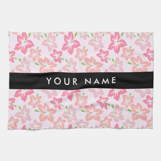 Roze Hibiscus, Roze Bloemen, Jouw naam Theedoek (Horizontaal)