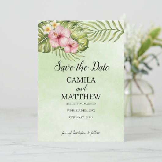Roze Hibiscus Save The Date (Staand voorkant)