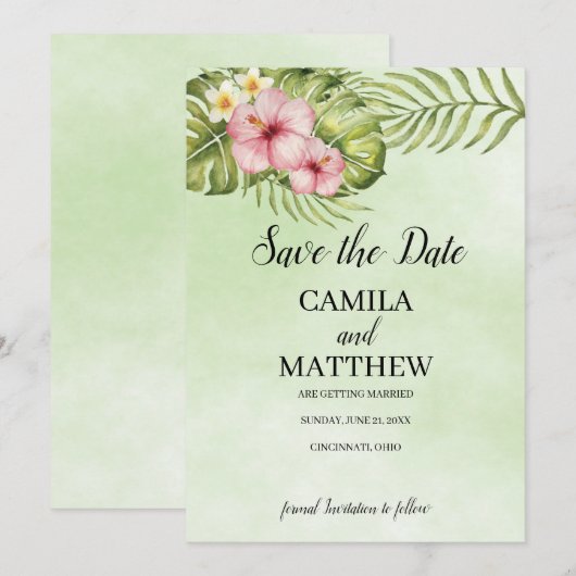 Roze Hibiscus Save The Date (Voorkant / Achterkant)