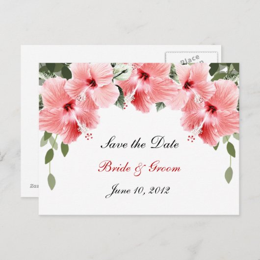 Roze Hibiscus Save the Date Briefkaart (Voorkant / Achterkant)