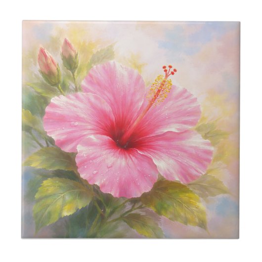 Roze Hibiscus - Schilderstijl Kunst Tegeltje (Voorkant)
