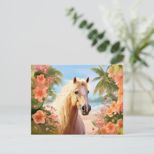 Roze Hibiscus Strand Palomino Paard Briefkaart (Staand voorkant)
