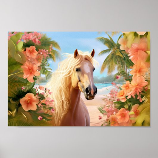 Roze Hibiscus Strand Palomino Paard Poster (Voorkant)
